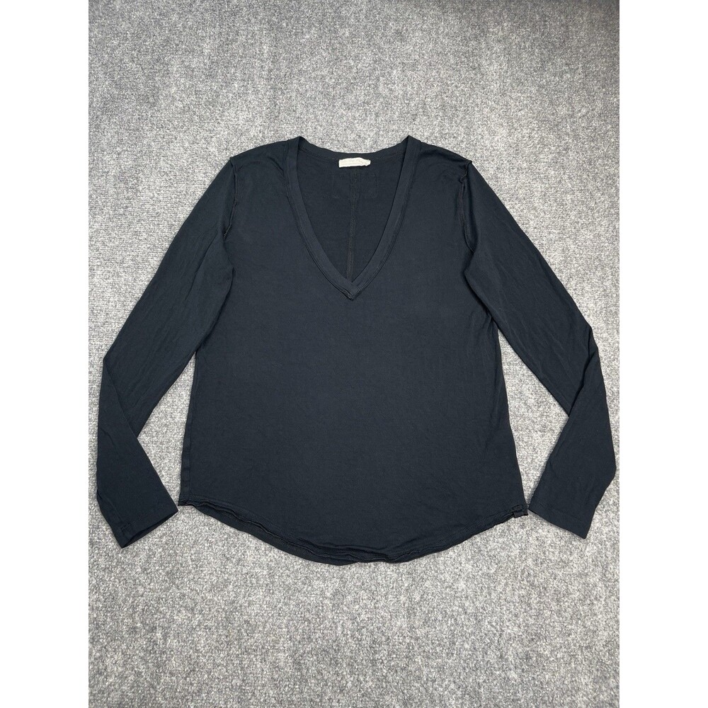 Free People We the Free Hailey Top Size Medium V Neck Raw Seams Black OB1462036
